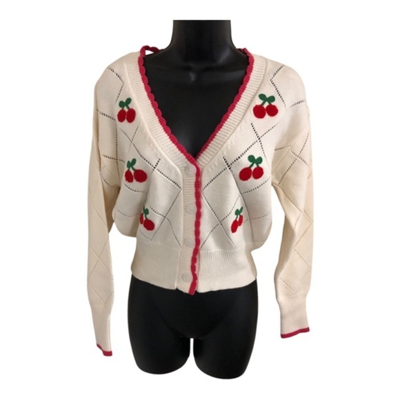 Jessica Simpson cream & pink scalloped trim cherry diamond pattern cardigan sz M - Picture 12 of 17